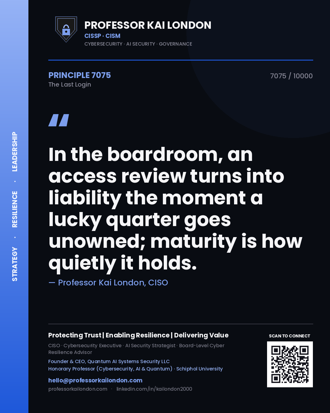 Quote card by Professor Kai London reading 'In the boardroom, an access review turns into liability the moment a lucky quarter goes unowned; maturity is how quietly it holds.'. From the book The Last Login.