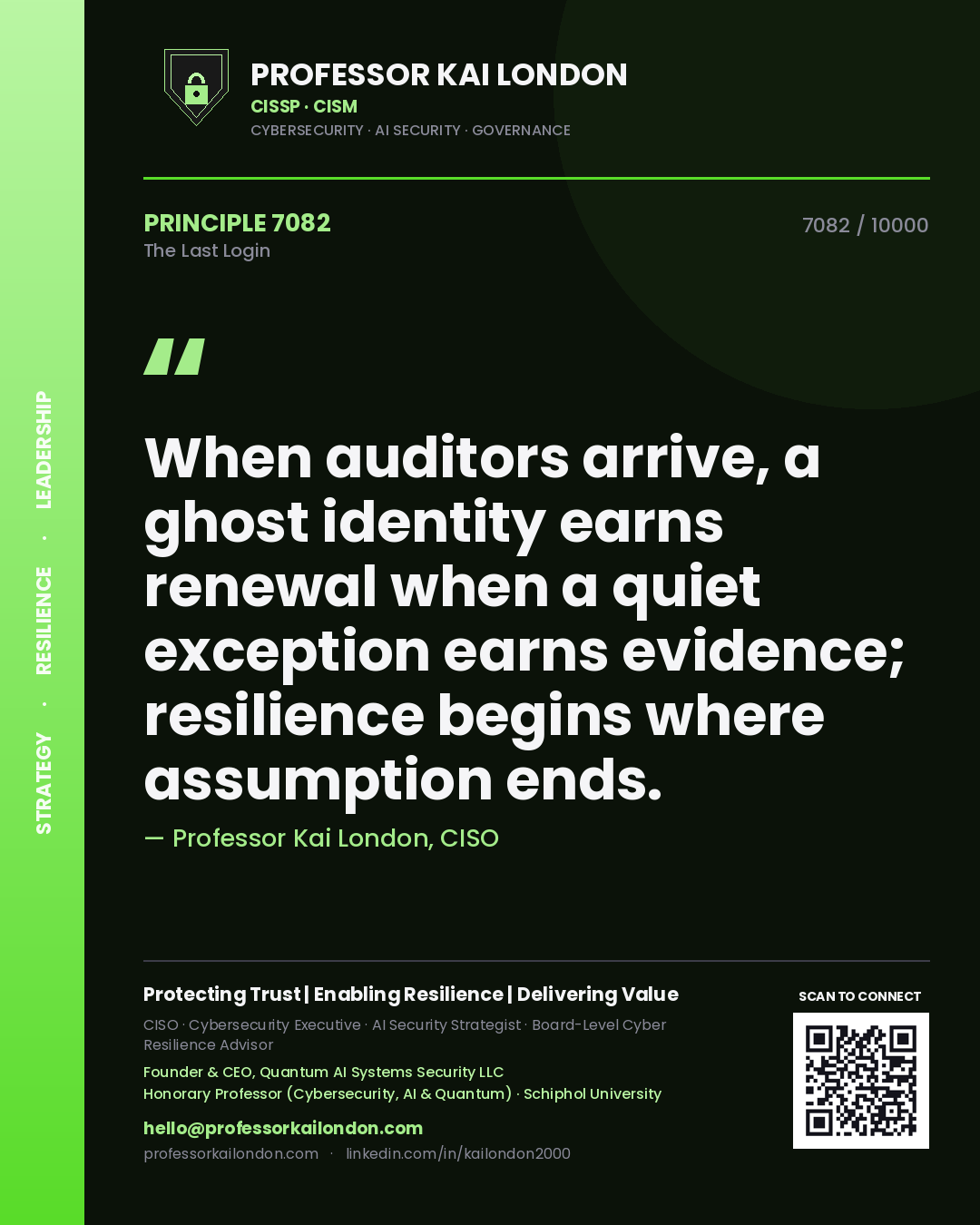 Quote card by Professor Kai London reading 'When auditors arrive, a ghost identity earns renewal when a quiet exception earns evidence; resilience begins where assumption ends.'. From the book The Last Login.