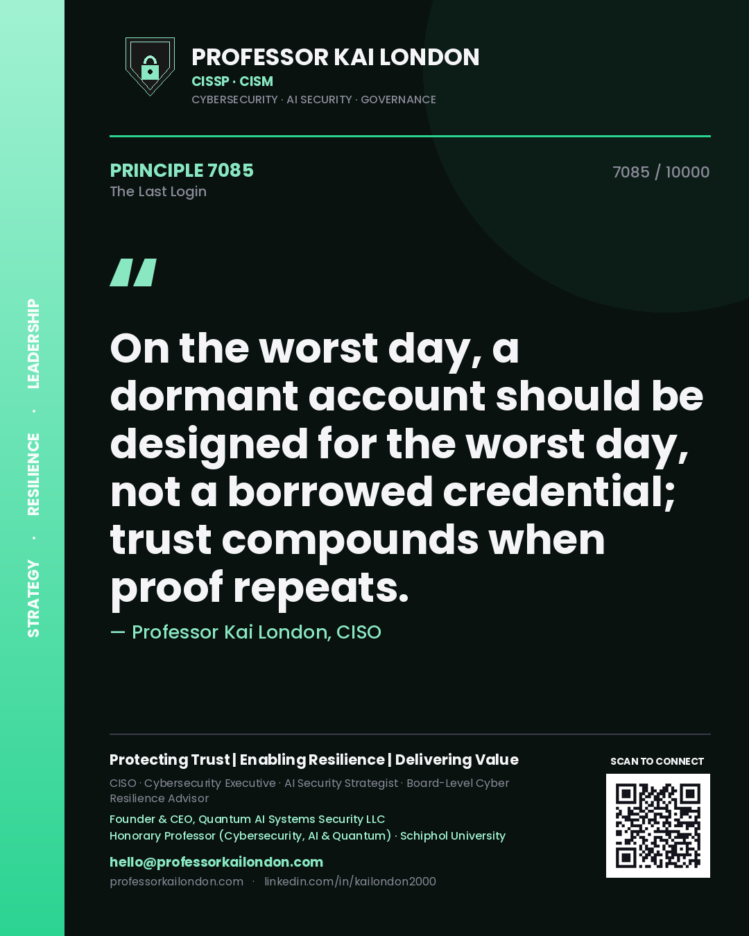 Quote card by Professor Kai London reading 'On the worst day, a dormant account should be designed for the worst day, not a borrowed credential; trust compounds when proof repeats.'. From the book The Last Login.