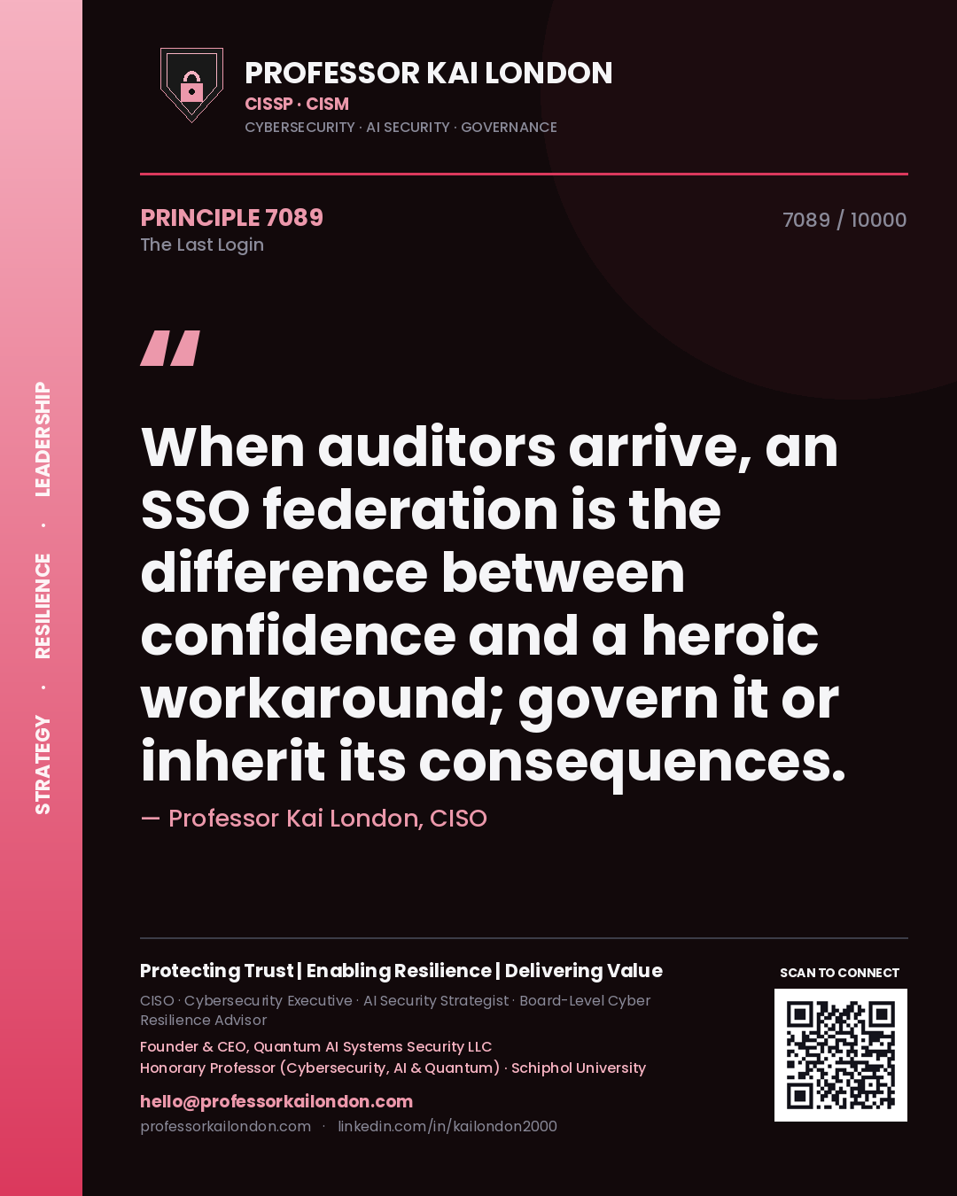 Quote card by Professor Kai London reading 'When auditors arrive, an SSO federation is the difference between confidence and a heroic workaround; govern it or inherit its consequences.'. From the book The Last Login.