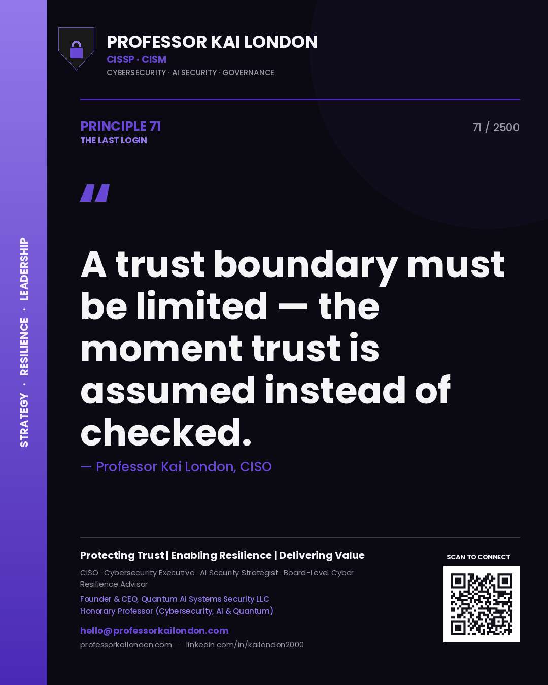Quote card by Professor Kai London reading 'A trust boundary must be limited — the moment trust is assumed instead of checked.'. From the book The Last Login.