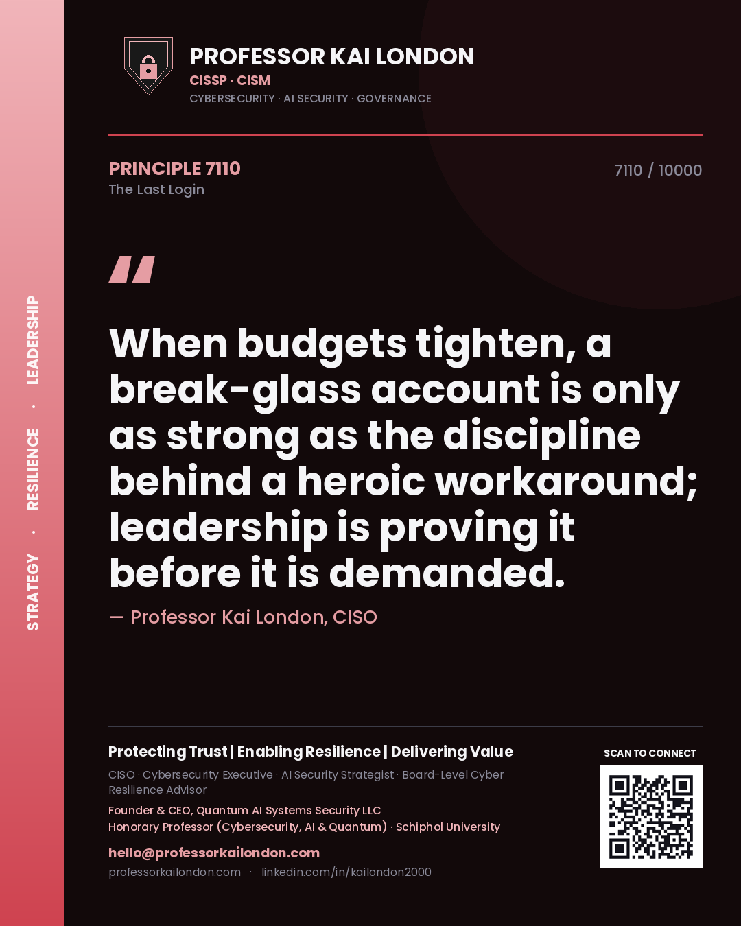 Quote card by Professor Kai London reading 'When budgets tighten, a break-glass account is only as strong as the discipline behind a heroic workaround; leadership is proving it before it is demanded.'. From the book The Last Login.