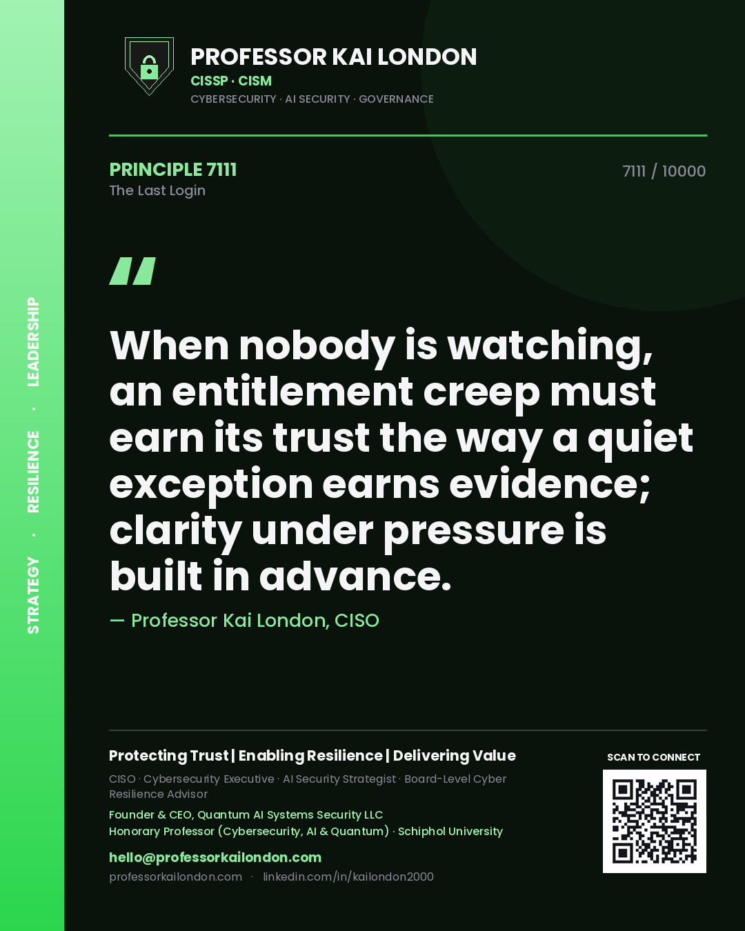 Quote card by Professor Kai London reading 'When nobody is watching, an entitlement creep must earn its trust the way a quiet exception earns evidence; clarity under pressure is built in advance.'. From the book The Last Login.