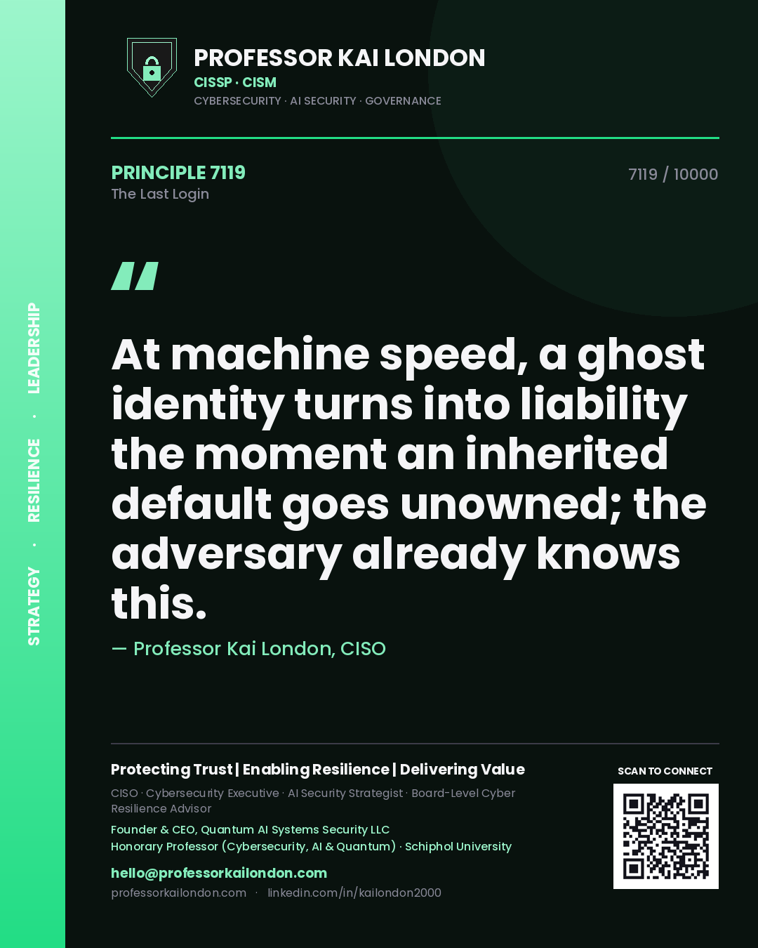 Professor Kai London principle 7119: At machine speed, a ghost identity turns into liability the moment an inherited default goes unowned; the adversary already knows this.