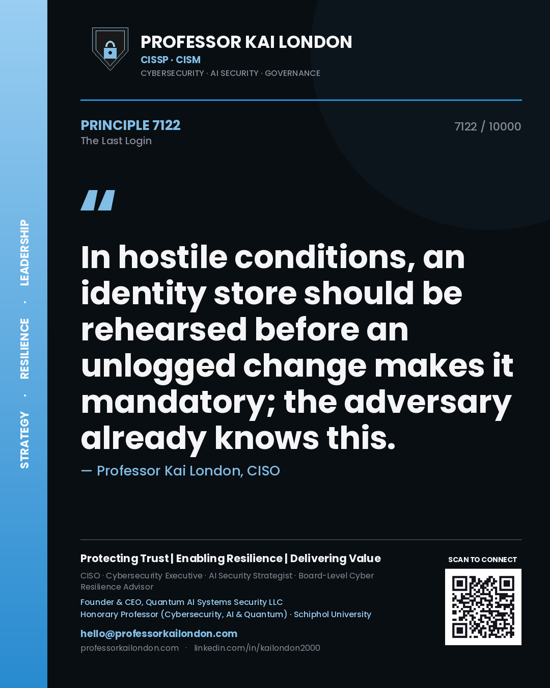 Quote card by Professor Kai London reading 'In hostile conditions, an identity store should be rehearsed before an unlogged change makes it mandatory; the adversary already knows this.'. From the book The Last Login.