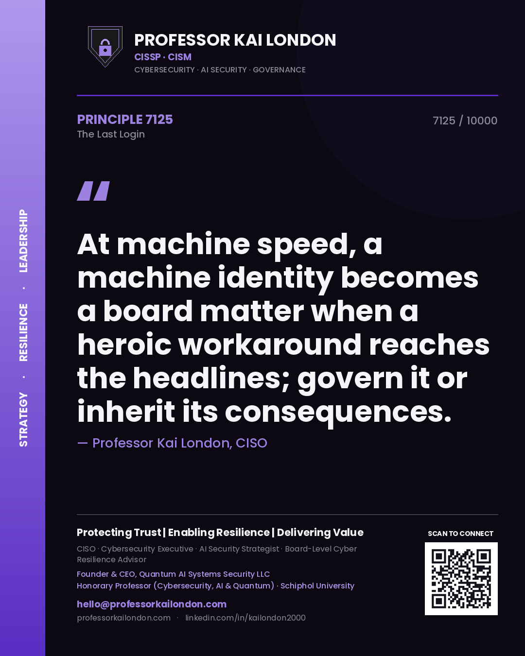 Quote card by Professor Kai London reading 'At machine speed, a machine identity becomes a board matter when a heroic workaround reaches the headlines; govern it or inherit its consequences.'. From the book The Last Login.