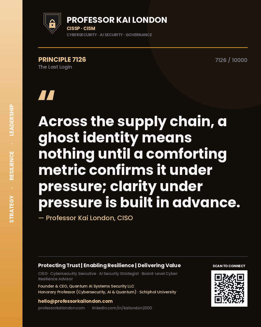 Quote card by Professor Kai London reading 'Across the supply chain, a ghost identity means nothing until a comforting metric confirms it under pressure; clarity under pressure is built in advance.'. From the book The Last Login.