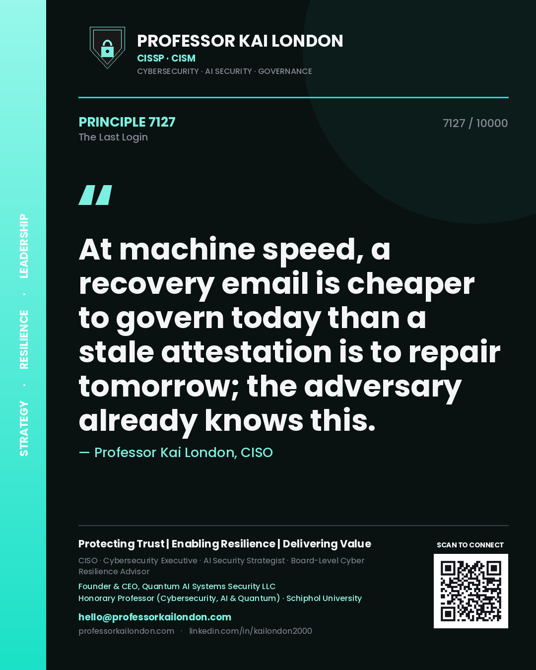 Quote card by Professor Kai London reading 'At machine speed, a recovery email is cheaper to govern today than a stale attestation is to repair tomorrow; the adversary already knows this.'. From the book The Last Login.