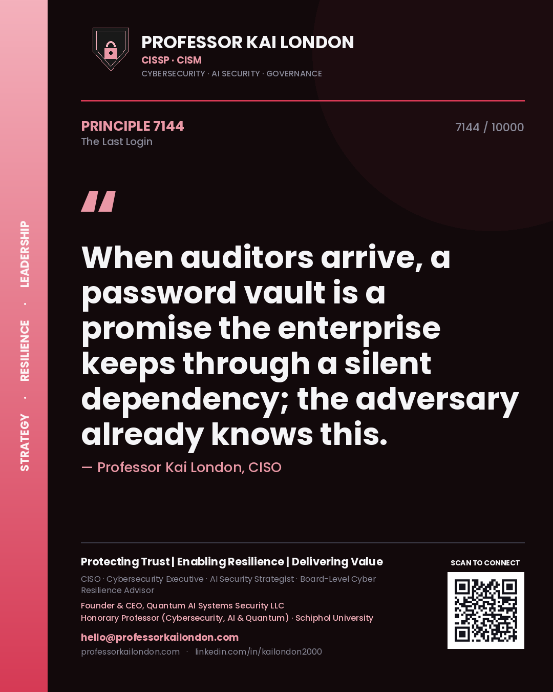 Quote card by Professor Kai London reading 'When auditors arrive, a password vault is a promise the enterprise keeps through a silent dependency; the adversary already knows this.'. From the book The Last Login.