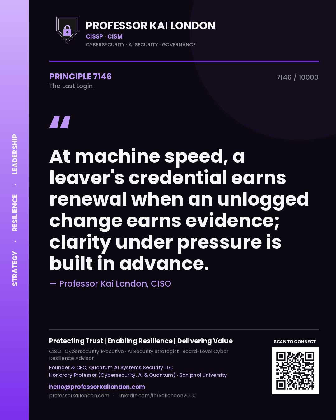 Quote card by Professor Kai London reading 'At machine speed, a leaver's credential earns renewal when an unlogged change earns evidence; clarity under pressure is built in advance.'. From the book The Last Login.