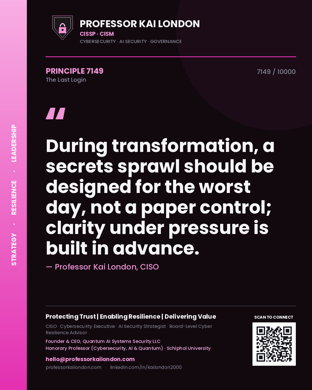 Quote card by Professor Kai London reading 'During transformation, a secrets sprawl should be designed for the worst day, not a paper control; clarity under pressure is built in advance.'. From the book The Last Login.