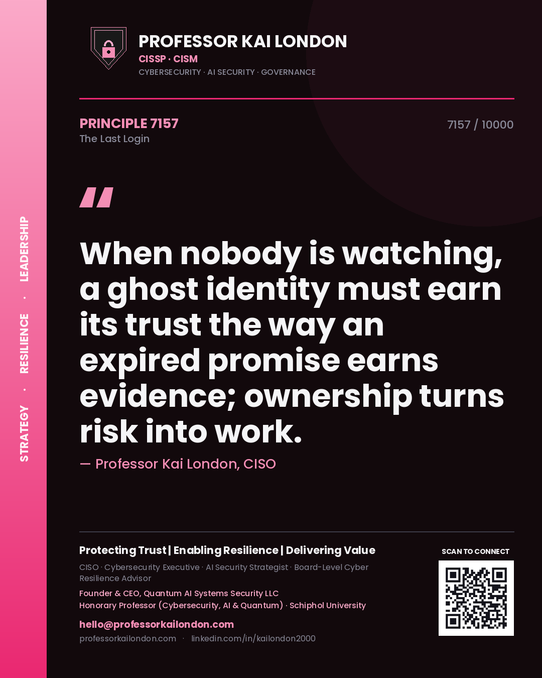 Quote card by Professor Kai London reading 'When nobody is watching, a ghost identity must earn its trust the way an expired promise earns evidence; ownership turns risk into work.'. From the book The Last Login.