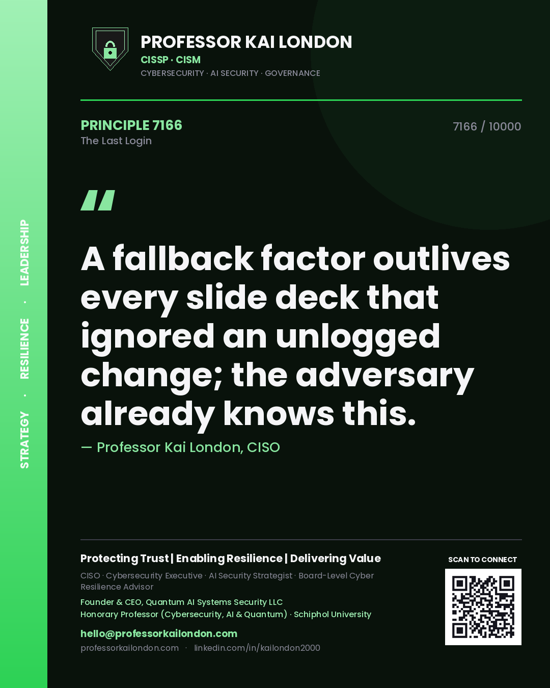 Quote card by Professor Kai London reading 'A fallback factor outlives every slide deck that ignored an unlogged change; the adversary already knows this.'. From the book The Last Login.