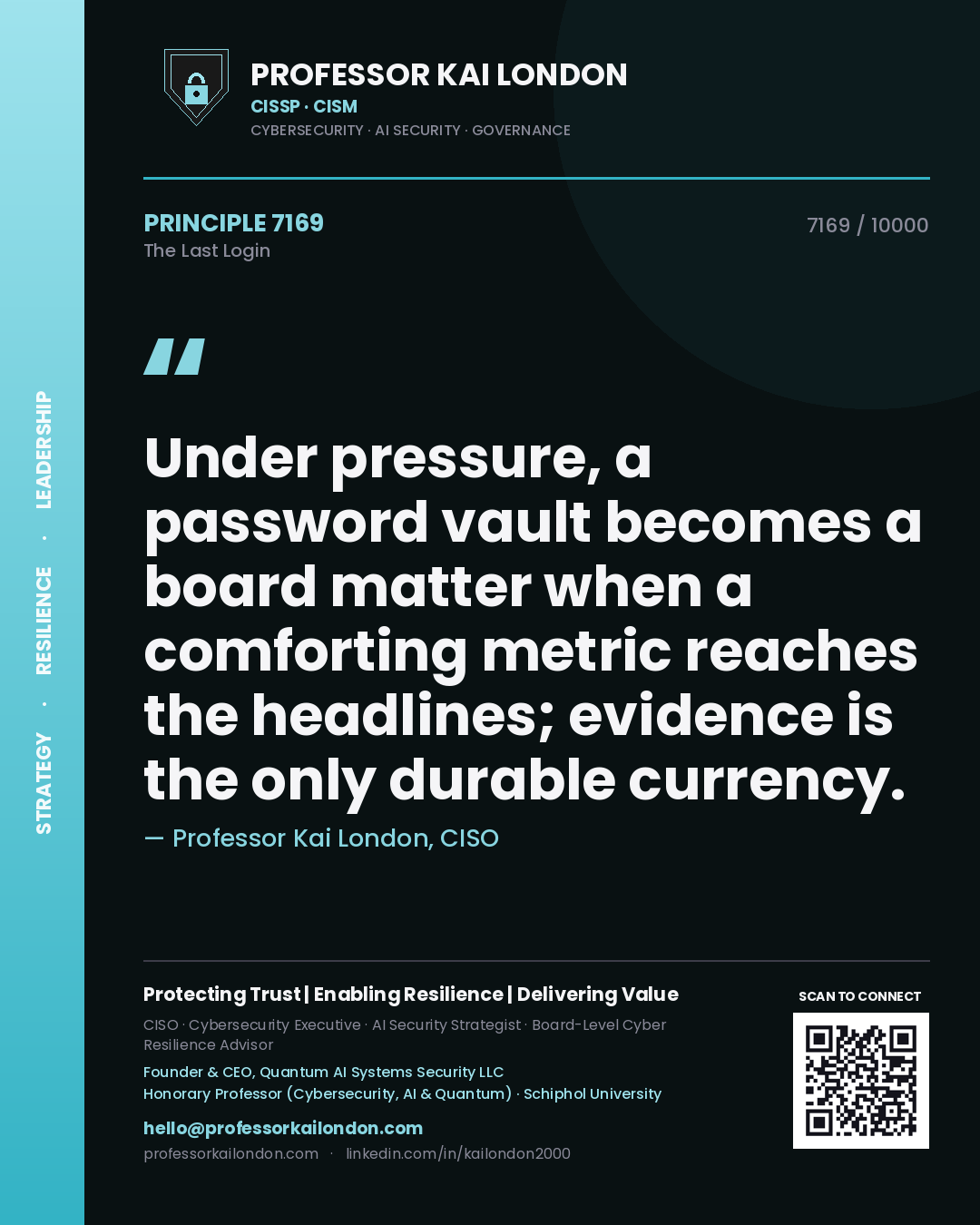 Quote card by Professor Kai London reading 'Under pressure, a password vault becomes a board matter when a comforting metric reaches the headlines; evidence is the only durable currency.'. From the book The Last Login.