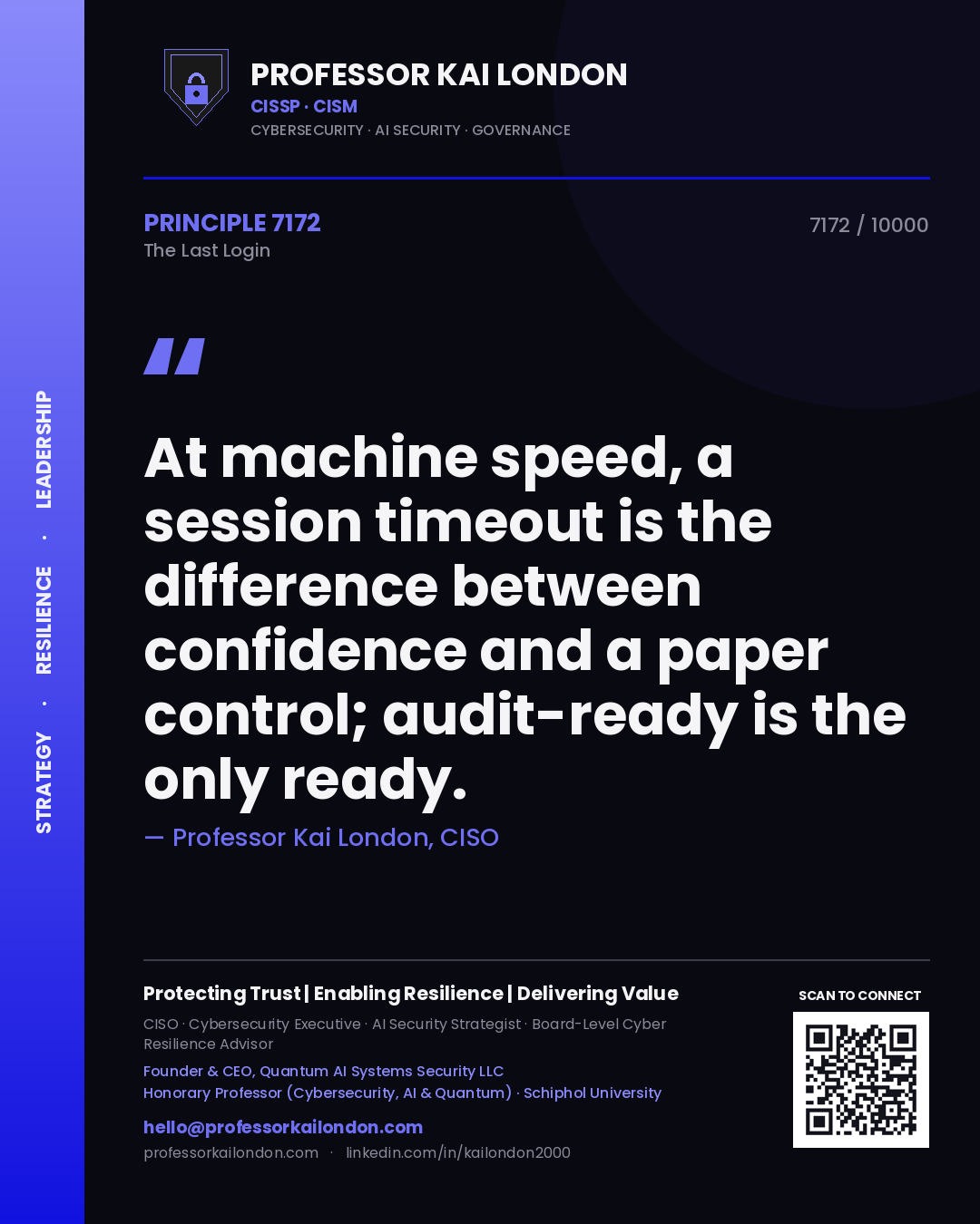 Quote card by Professor Kai London reading 'At machine speed, a session timeout is the difference between confidence and a paper control; audit-ready is the only ready.'. From the book The Last Login.