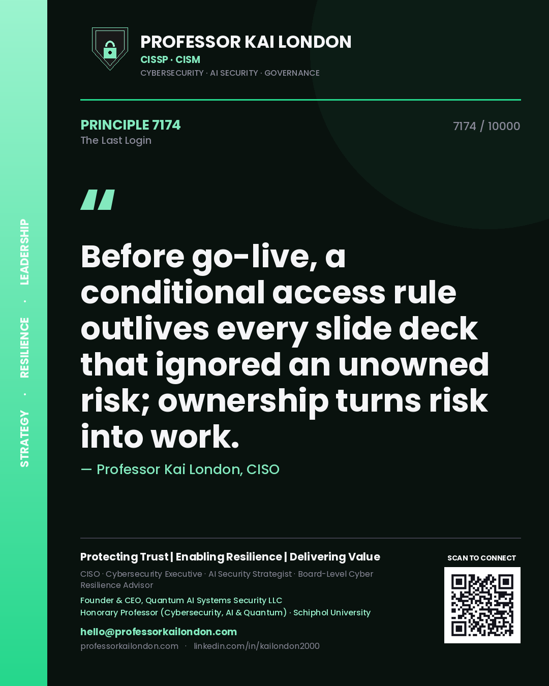 Quote card by Professor Kai London reading 'Before go-live, a conditional access rule outlives every slide deck that ignored an unowned risk; ownership turns risk into work.'. From the book The Last Login.