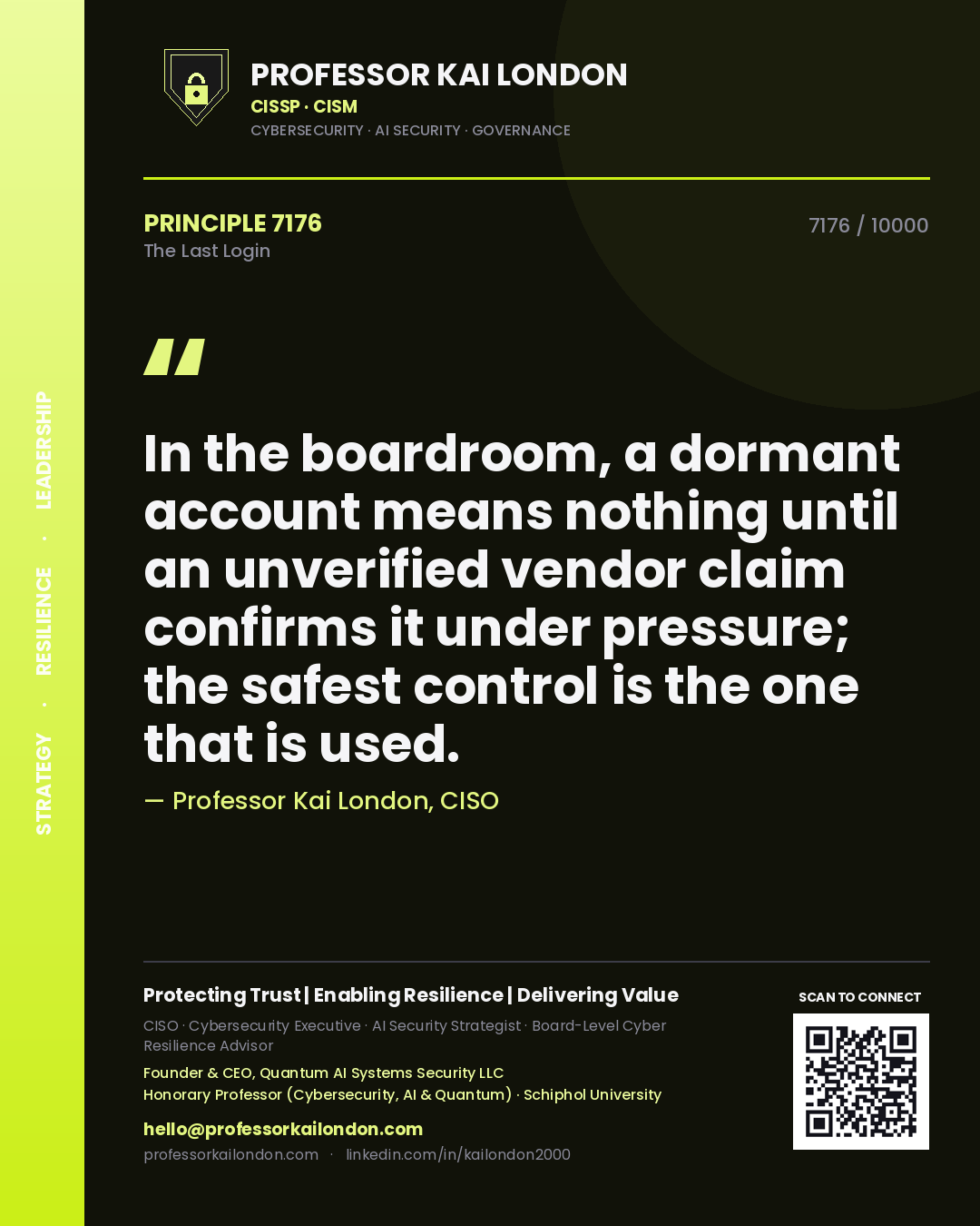 Quote card by Professor Kai London reading 'In the boardroom, a dormant account means nothing until an unverified vendor claim confirms it under pressure; the safest control is the one that is used.'. From the book The Last Login.