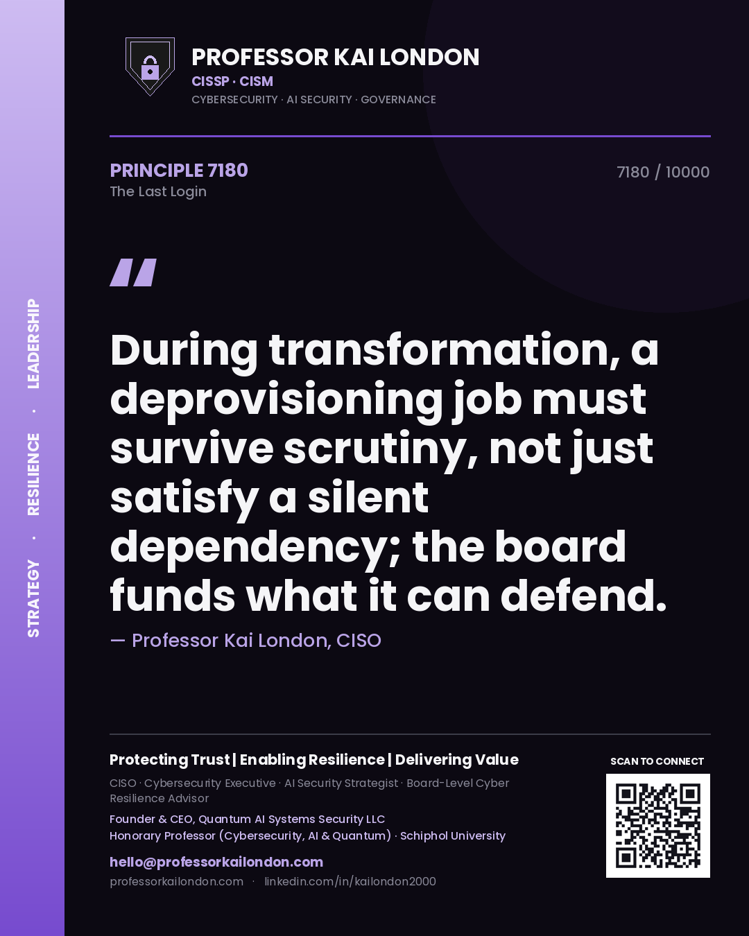 Quote card by Professor Kai London reading 'During transformation, a deprovisioning job must survive scrutiny, not just satisfy a silent dependency; the board funds what it can defend.'. From the book The Last Login.
