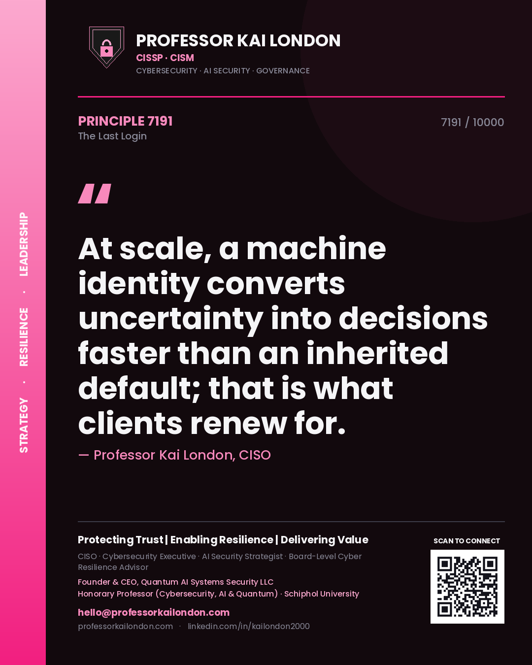 Quote card by Professor Kai London reading 'At scale, a machine identity converts uncertainty into decisions faster than an inherited default; that is what clients renew for.'. From the book The Last Login.