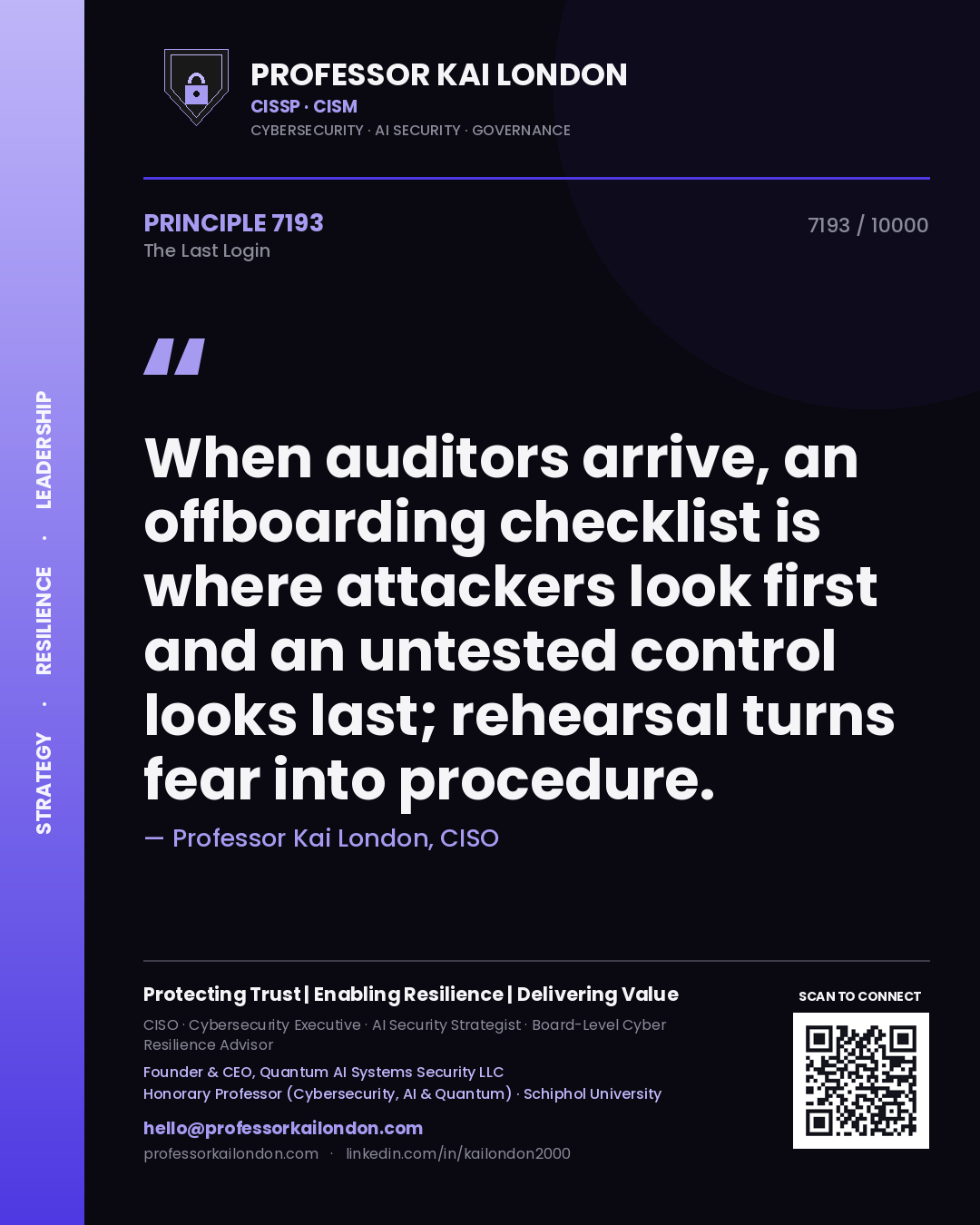 Quote card by Professor Kai London reading 'When auditors arrive, an offboarding checklist is where attackers look first and an untested control looks last; rehearsal turns fear into procedure.'. From the book The Last Login.