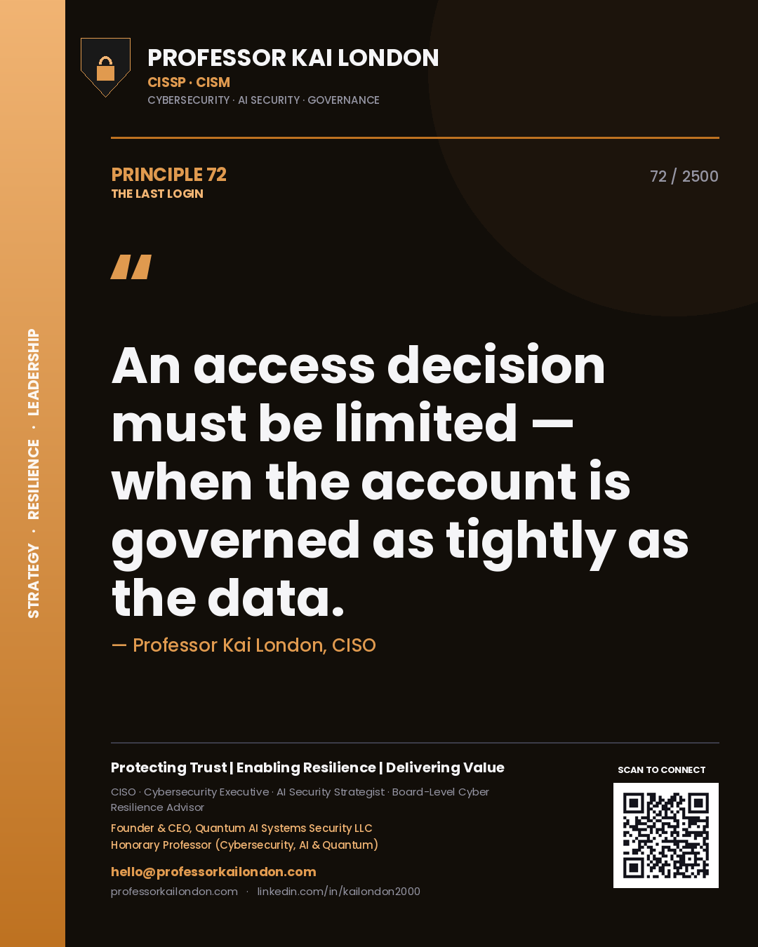 Quote card by Professor Kai London reading 'An access decision must be limited — when the account is governed as tightly as the data.'. From the book The Last Login.