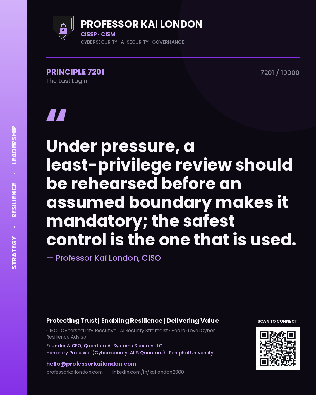 Quote card by Professor Kai London reading 'Under pressure, a least-privilege review should be rehearsed before an assumed boundary makes it mandatory; the safest control is the one that is used.'. From the book The Last Login.