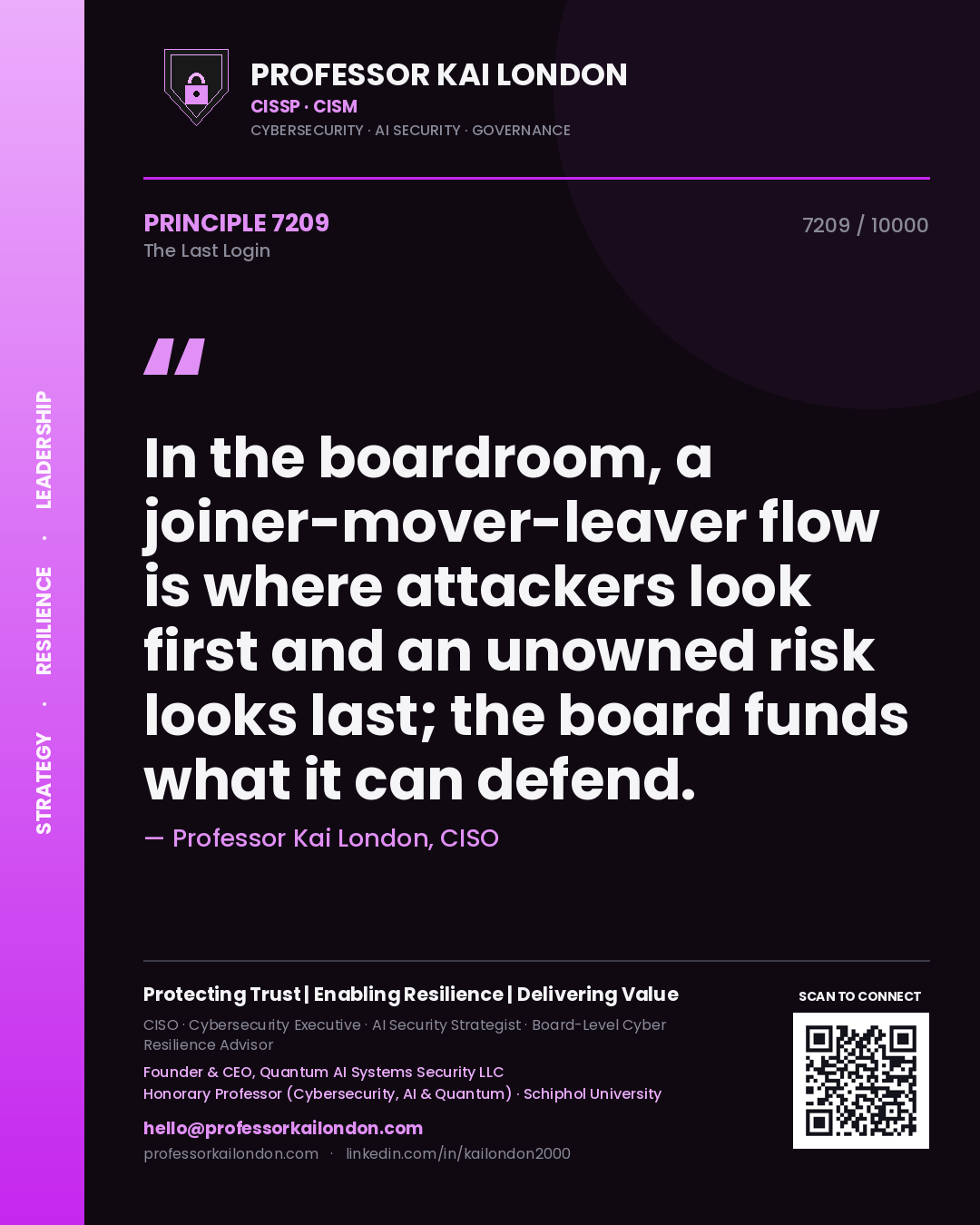Quote card by Professor Kai London reading 'In the boardroom, a joiner-mover-leaver flow is where attackers look first and an unowned risk looks last; the board funds what it can defend.'. From the book The Last Login.