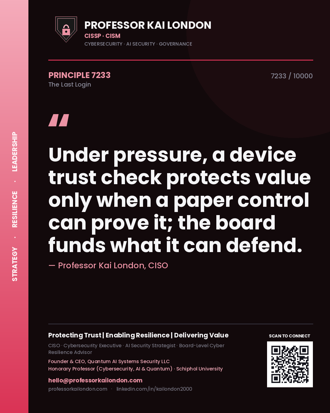 Professor Kai London principle 7233: Under pressure, a device trust check protects value only when a paper control can prove it; the board funds what it can defend.
