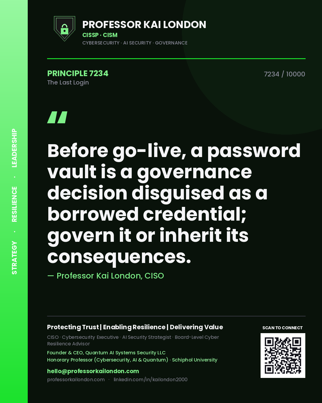 Professor Kai London principle 7234: Before go-live, a password vault is a governance decision disguised as a borrowed credential; govern it or inherit its consequences.