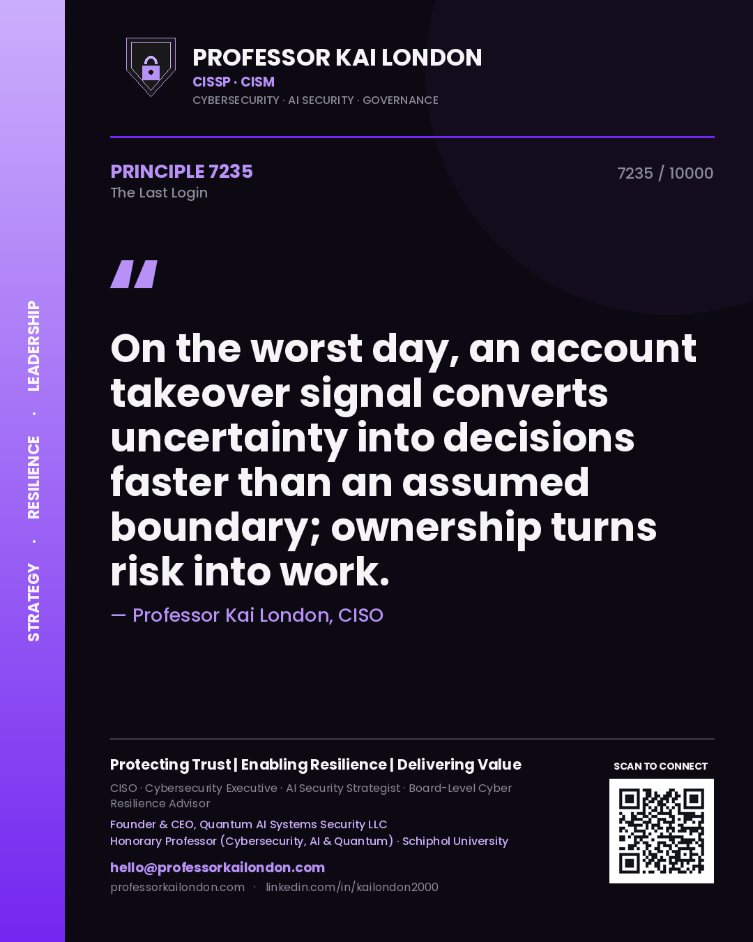 Professor Kai London principle 7235: On the worst day, an account takeover signal converts uncertainty into decisions faster than an assumed boundary; ownership turns risk into work.