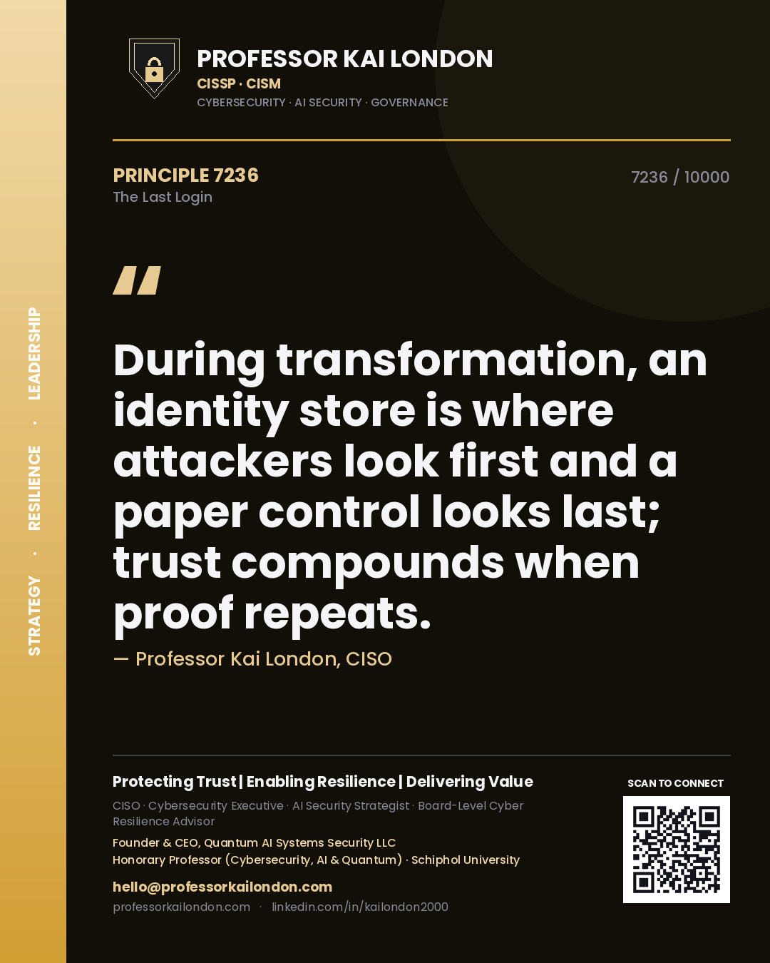 Quote card by Professor Kai London reading 'During transformation, an identity store is where attackers look first and a paper control looks last; trust compounds when proof repeats.'. From the book The Last Login.