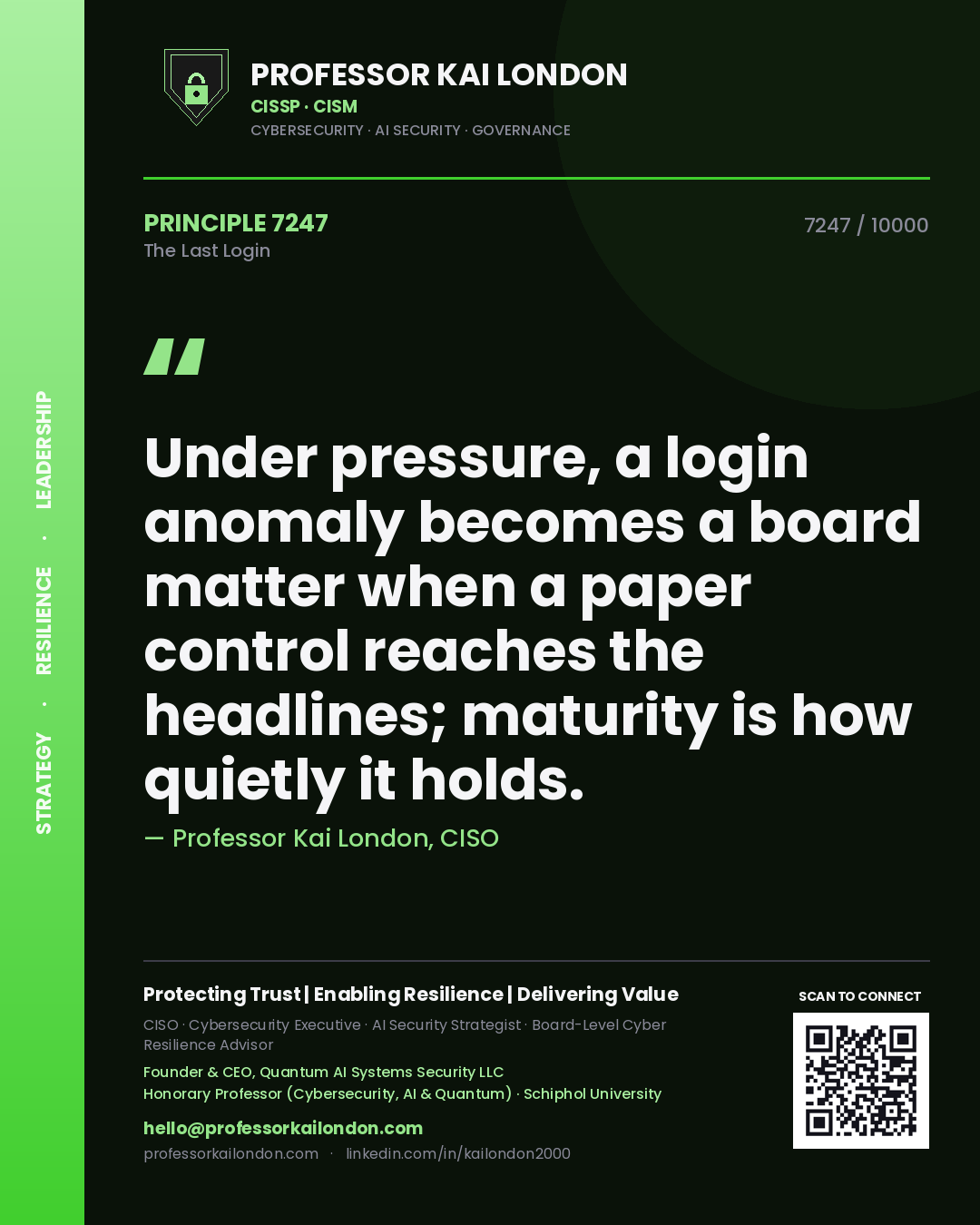 Professor Kai London principle 7247: Under pressure, a login anomaly becomes a board matter when a paper control reaches the headlines; maturity is how quietly it holds.