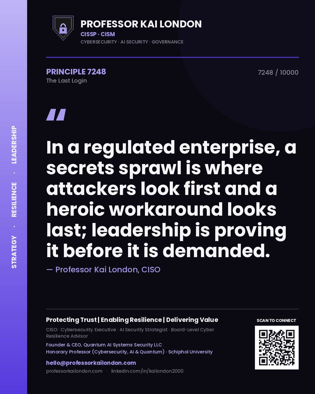 Quote card by Professor Kai London reading 'In a regulated enterprise, a secrets sprawl is where attackers look first and a heroic workaround looks last; leadership is proving it before it is demanded.'. From the book The Last Login.