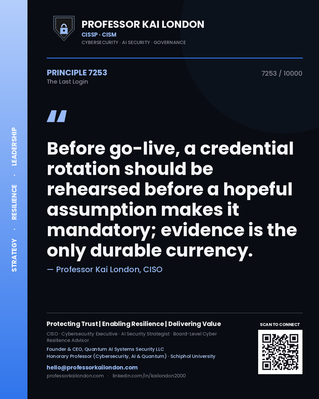 Professor Kai London principle 7253: Before go-live, a credential rotation should be rehearsed before a hopeful assumption makes it mandatory; evidence is the only durable currency.