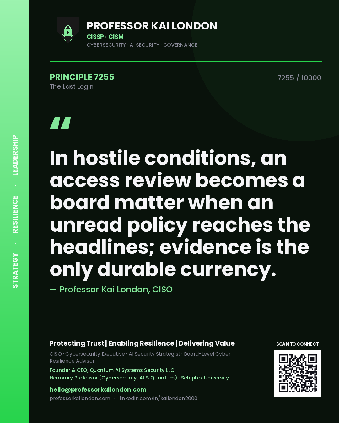 Professor Kai London principle 7255: In hostile conditions, an access review becomes a board matter when an unread policy reaches the headlines; evidence is the only durable currency.