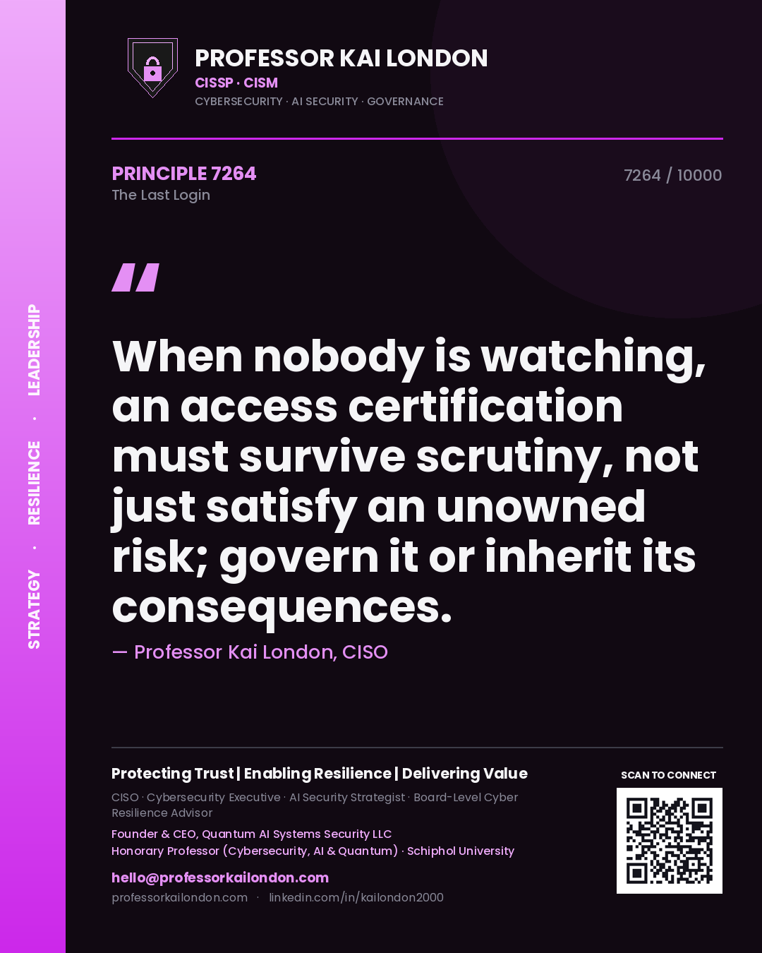 Professor Kai London principle 7264: When nobody is watching, an access certification must survive scrutiny, not just satisfy an unowned risk; govern it or inherit its consequences.