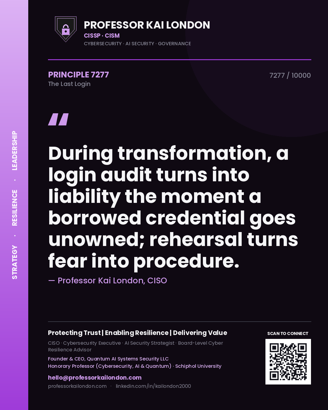 Professor Kai London principle 7277: During transformation, a login audit turns into liability the moment a borrowed credential goes unowned; rehearsal turns fear into procedure.