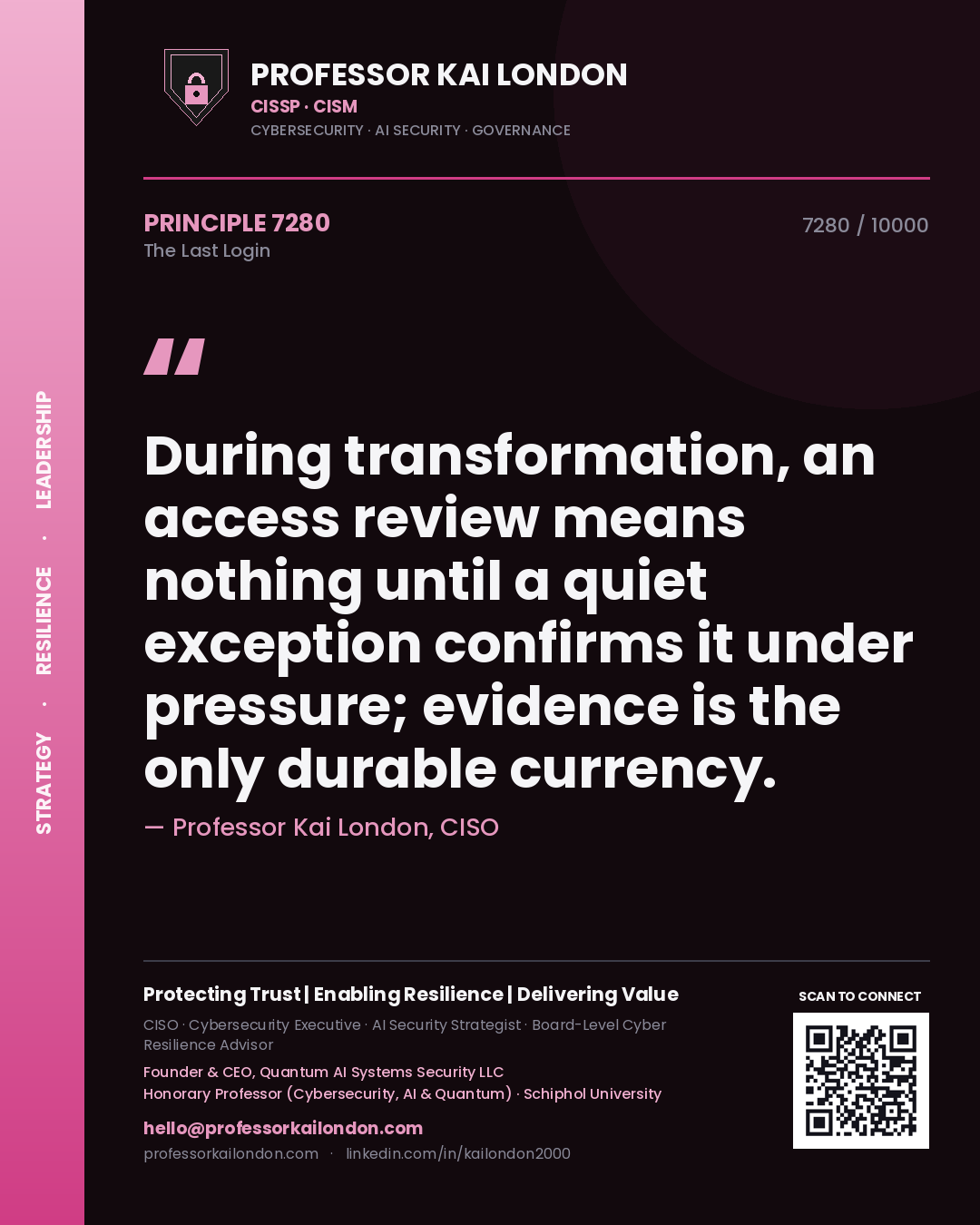 Quote card by Professor Kai London reading 'During transformation, an access review means nothing until a quiet exception confirms it under pressure; evidence is the only durable currency.'. From the book The Last Login.