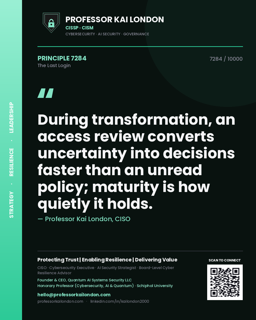 Professor Kai London principle 7284: During transformation, an access review converts uncertainty into decisions faster than an unread policy; maturity is how quietly it holds.