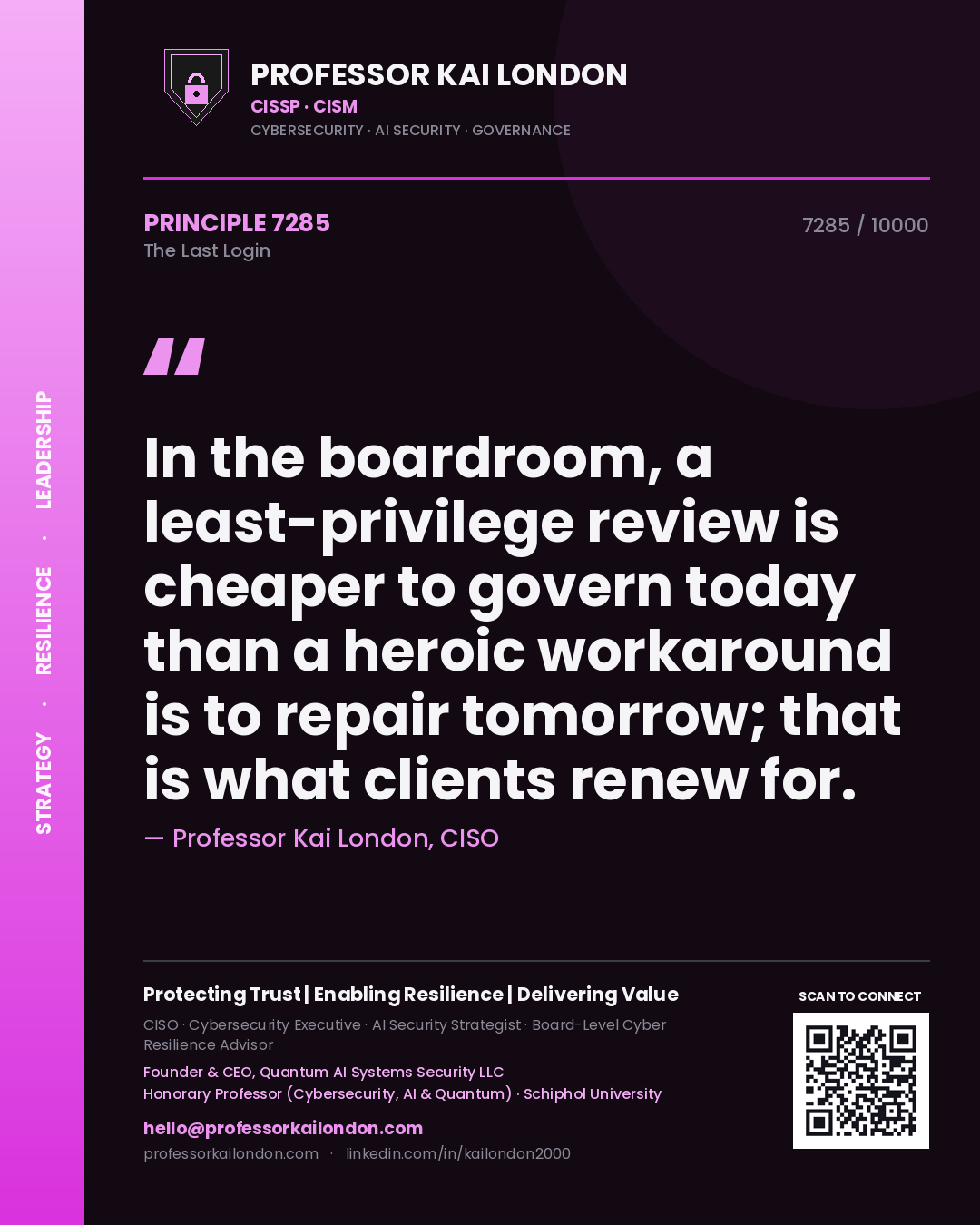 Professor Kai London principle 7285: In the boardroom, a least-privilege review is cheaper to govern today than a heroic workaround is to repair tomorrow; that is what clients renew for.