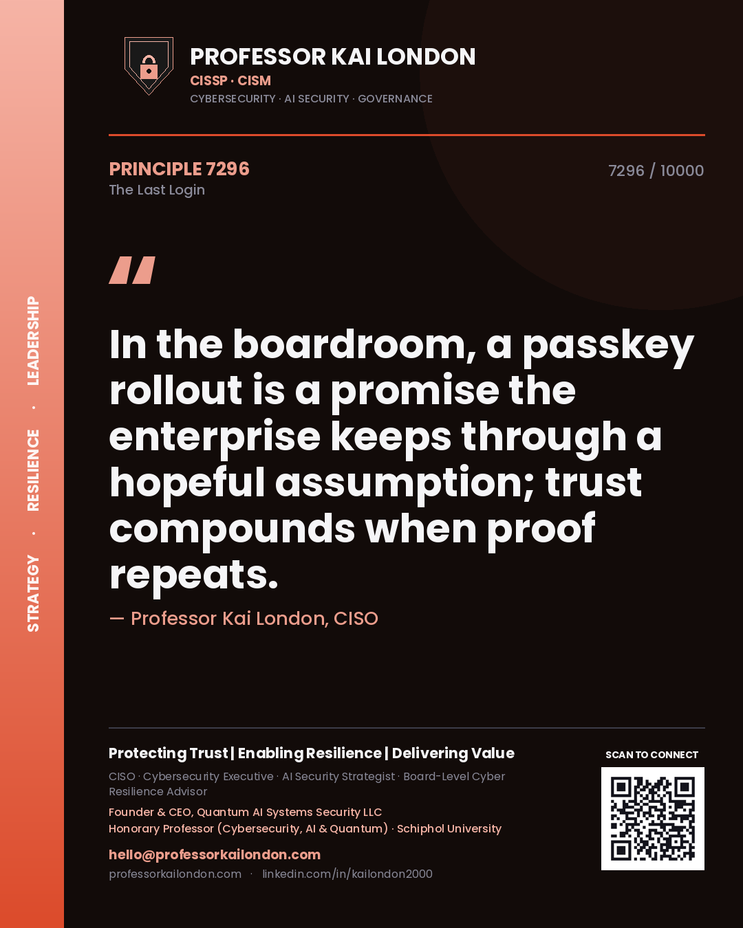 Quote card by Professor Kai London reading 'In the boardroom, a passkey rollout is a promise the enterprise keeps through a hopeful assumption; trust compounds when proof repeats.'. From the book The Last Login.