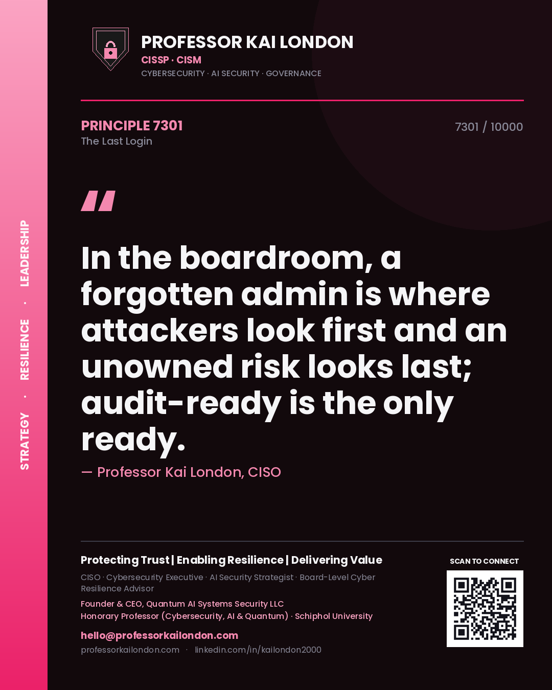 Quote card by Professor Kai London reading 'In the boardroom, a forgotten admin is where attackers look first and an unowned risk looks last; audit-ready is the only ready.'. From the book The Last Login.