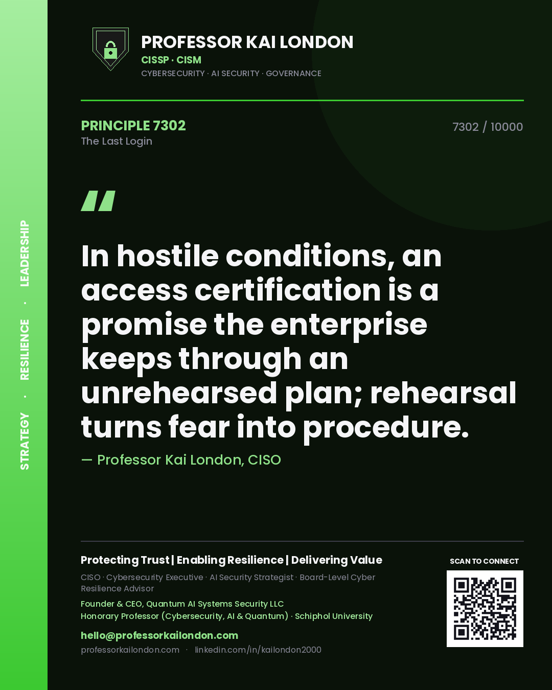 Quote card by Professor Kai London reading 'In hostile conditions, an access certification is a promise the enterprise keeps through an unrehearsed plan; rehearsal turns fear into procedure.'. From the book The Last Login.