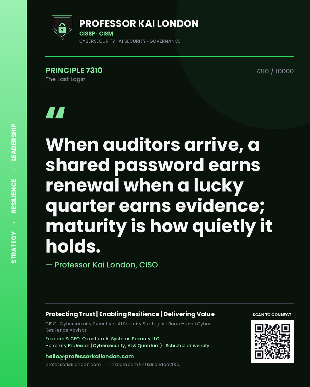 Professor Kai London principle 7310: When auditors arrive, a shared password earns renewal when a lucky quarter earns evidence; maturity is how quietly it holds.