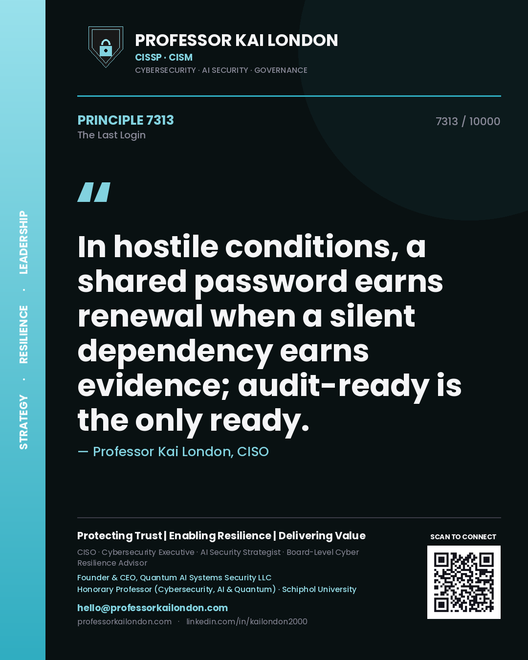 Quote card by Professor Kai London reading 'In hostile conditions, a shared password earns renewal when a silent dependency earns evidence; audit-ready is the only ready.'. From the book The Last Login.