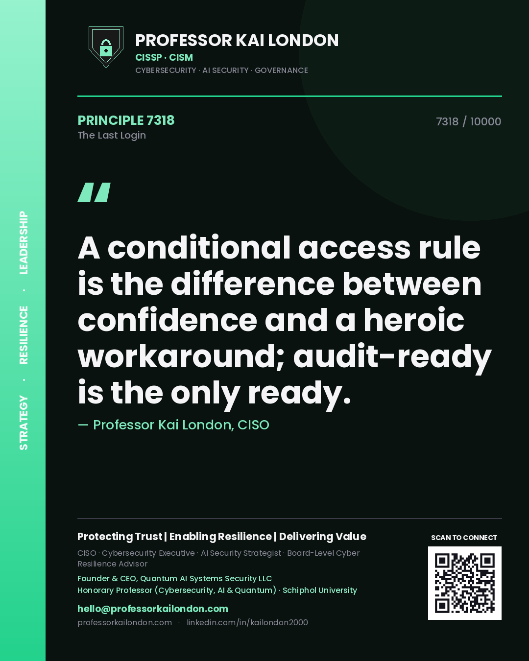 Professor Kai London principle 7318: A conditional access rule is the difference between confidence and a heroic workaround; audit-ready is the only ready.