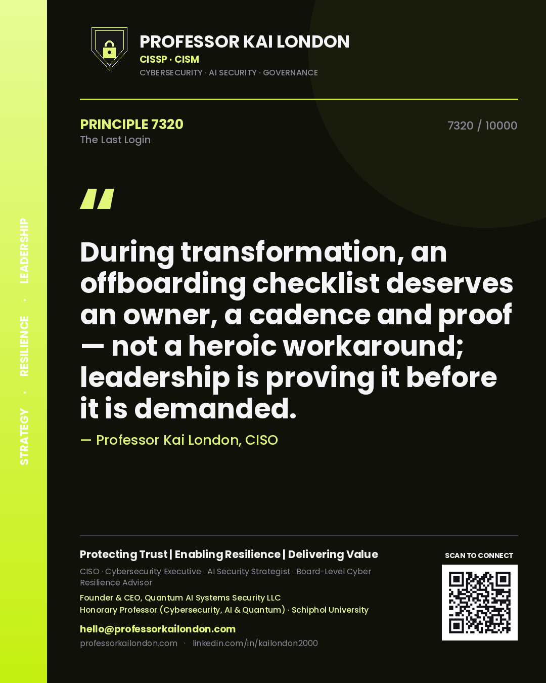 Professor Kai London principle 7320: During transformation, an offboarding checklist deserves an owner, a cadence and proof — not a heroic workaround; leadership is proving it before it is demanded.