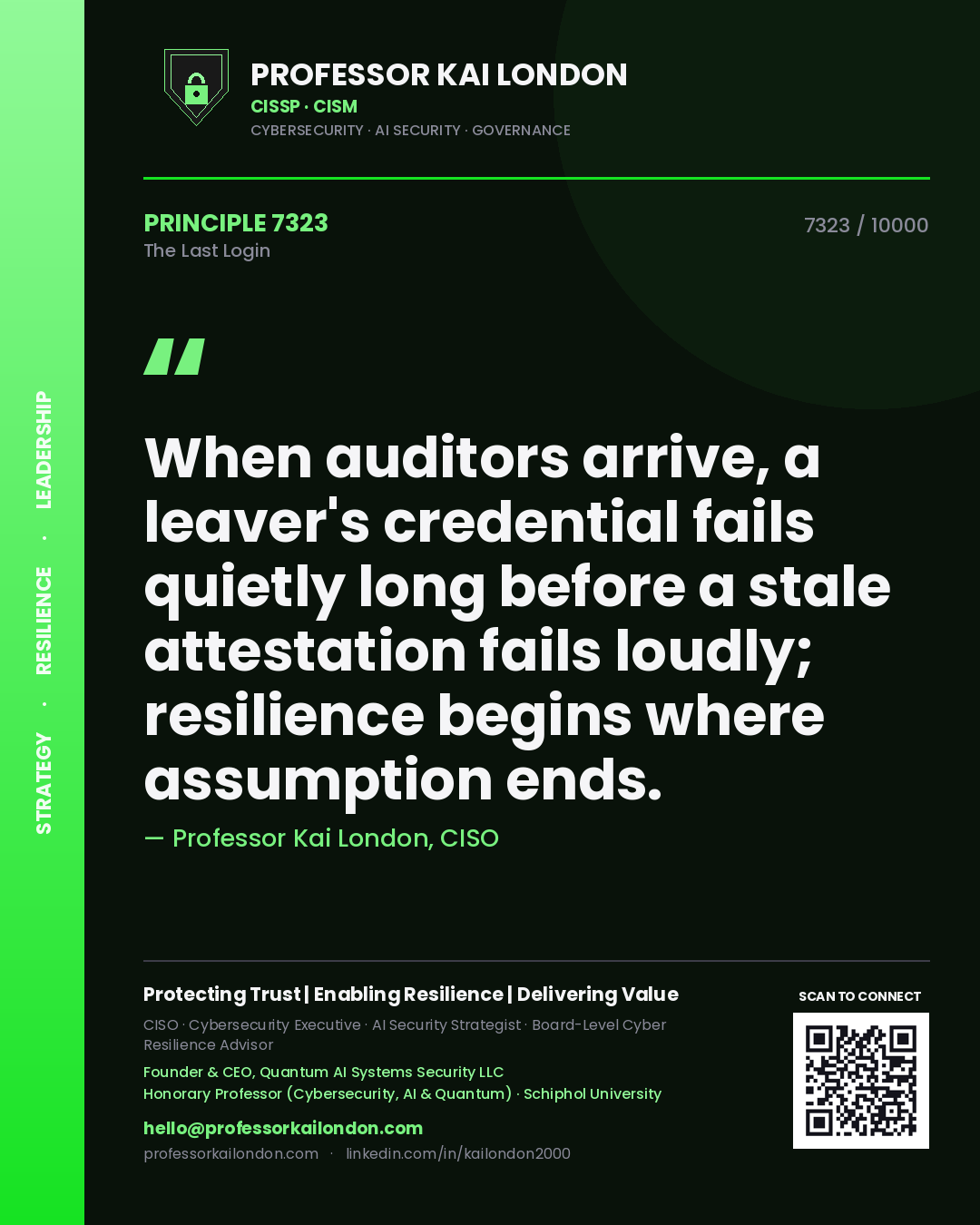 Professor Kai London principle 7323: When auditors arrive, a leaver's credential fails quietly long before a stale attestation fails loudly; resilience begins where assumption ends.