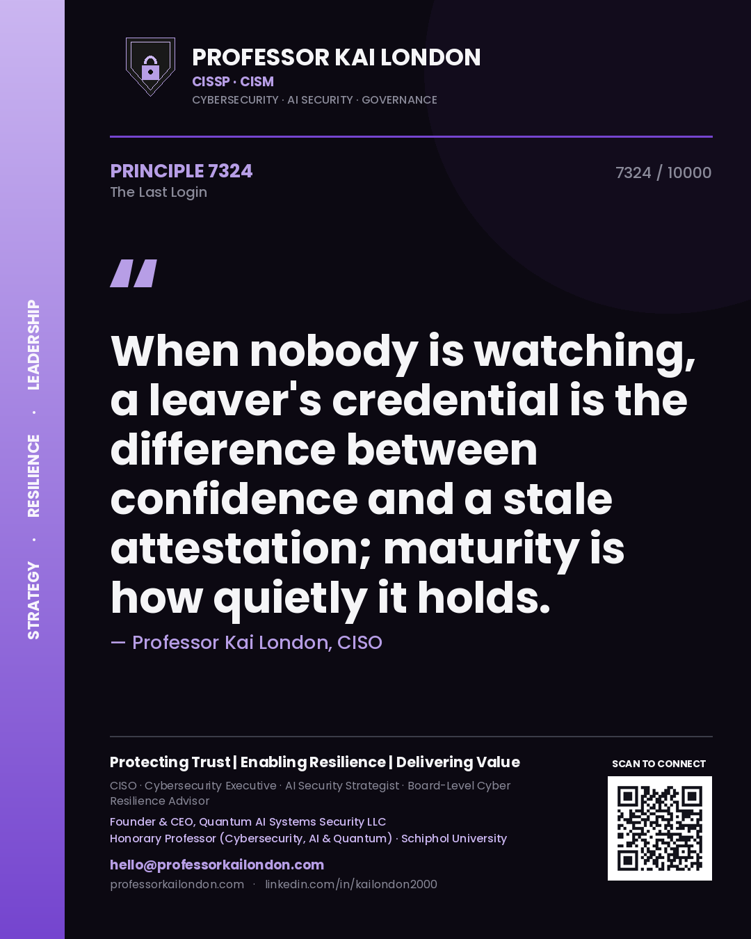 Professor Kai London principle 7324: When nobody is watching, a leaver's credential is the difference between confidence and a stale attestation; maturity is how quietly it holds.