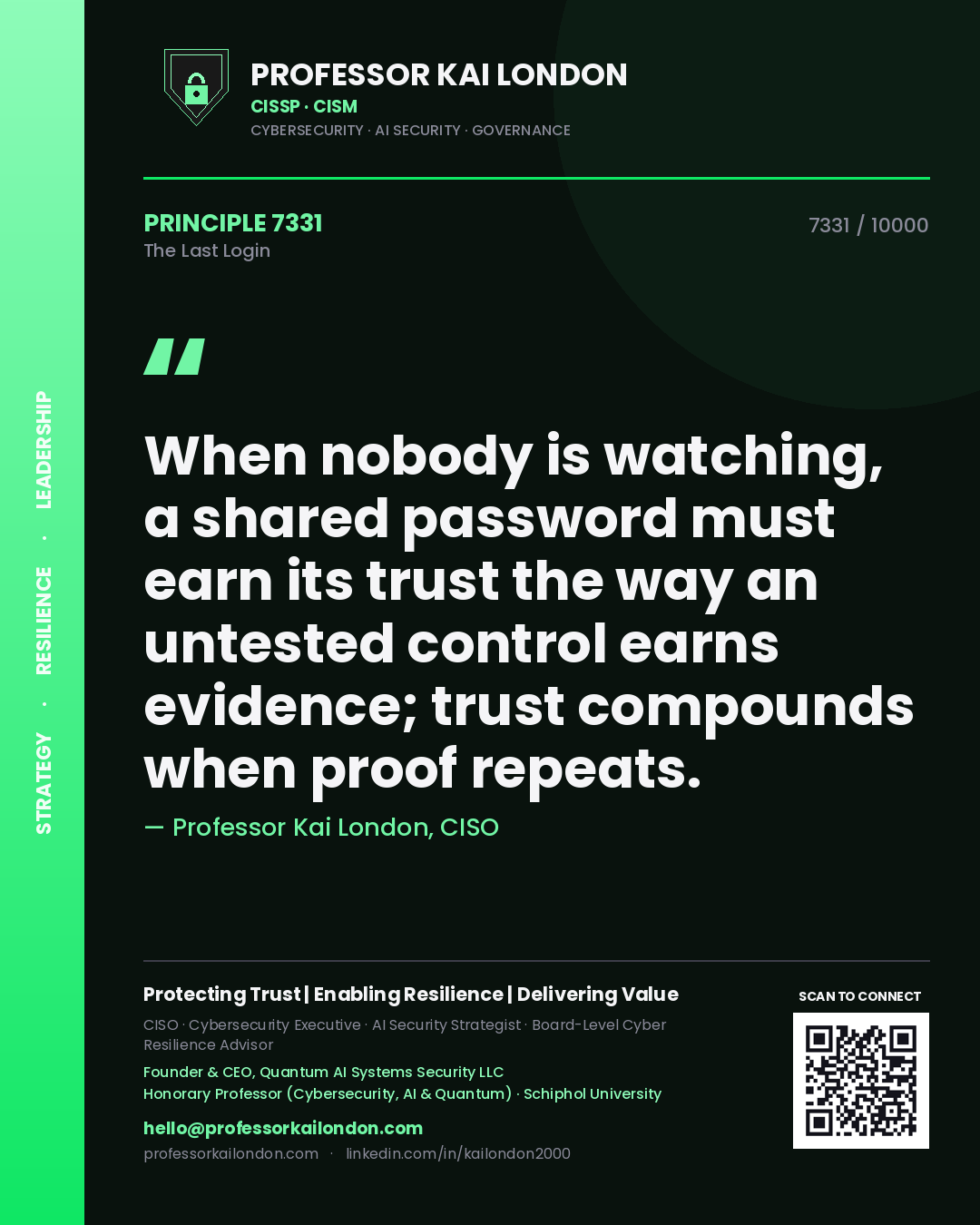 Professor Kai London principle 7331: When nobody is watching, a shared password must earn its trust the way an untested control earns evidence; trust compounds when proof repeats.